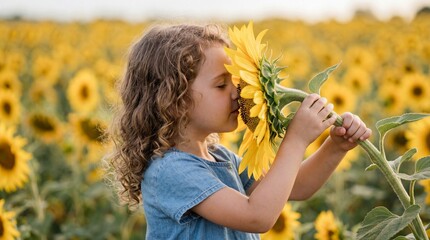 Curly hair toddler girl smelling large sunflower in field