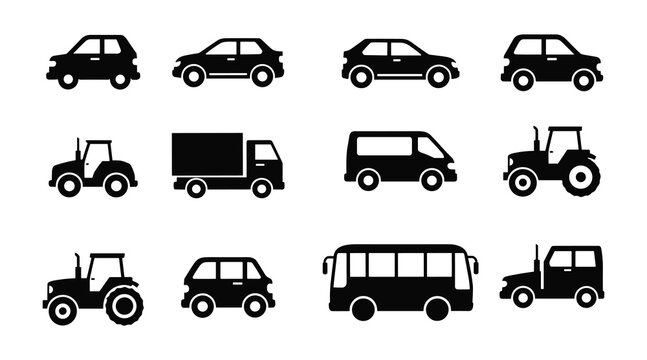 Black silhouette icons of various vehicles cars trucks vans and tractors