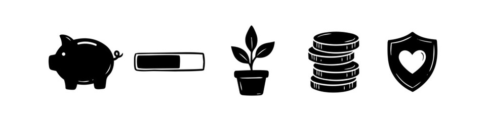Fototapeta premium Financial icon set featuring a piggy bank, progress bar, potted plant, stacked coins, and heart shield silhouette. Illustrates concepts of savings, investment growth, security, and charity.