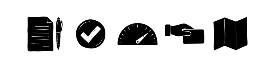 A minimalist hand-drawn set of essential business icons: document with pen, checkmark for approval, performance speedometer, credit card transaction, and navigation map on white background. © Nort Kor