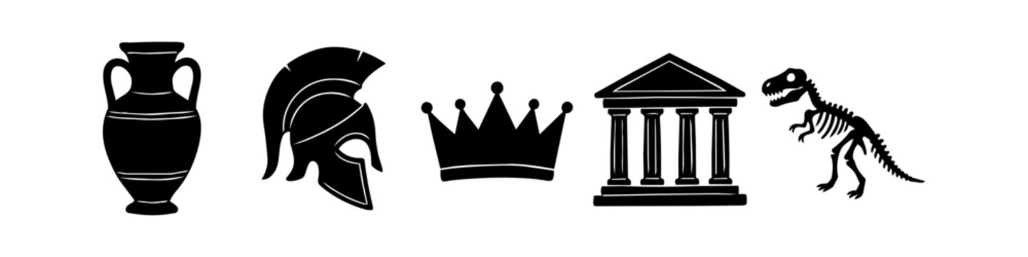 Set of minimalist black silhouette icons representing history and museum exhibits, featuring an amphora, Spartan helmet, crown, classical building, and T-Rex skeleton. Ideal for educational use.