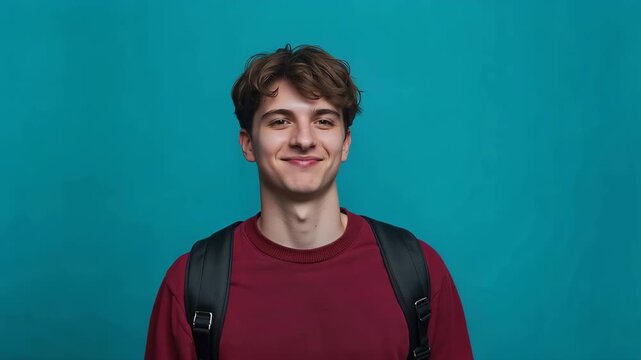 西洋人の男性10代をシアン背景と硬質ライトで描く学習告知ポスター