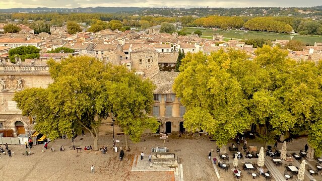 Historic Avignon Landscape: High-Angle View of Place du Palais and Old Town Rooftops