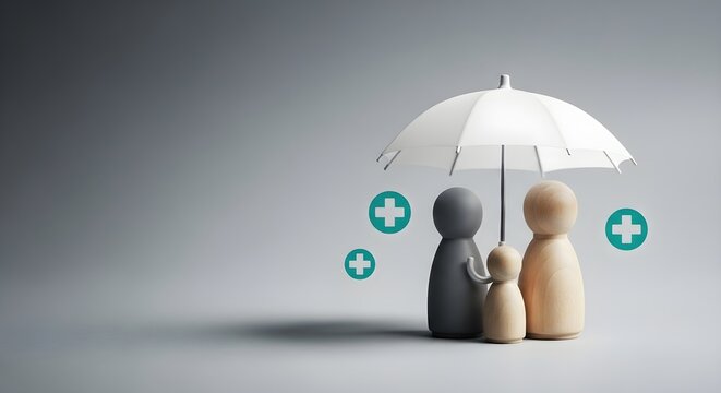 Conceptual image showing a family of three (parents and child) sheltered by a protective umbrella, symbolizing the importance of life, health, and financial security for future planning and well-being