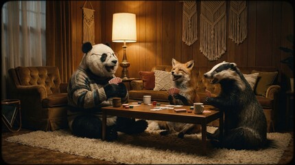 Fototapeta premium Panda, fox, and badger playing card game together on a rug creating a humorous and anthropomorphic scene. Friends enjoying leisure activity on holiday.