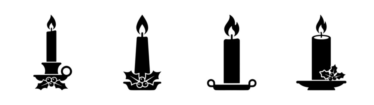 Black candle icons, burning candles, vector illustrations, decorative elements