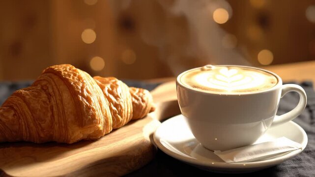 Freshly Baked Croissants and Steaming Latte Art Coffee on Wooden Board, Cozy Morning Breakfast