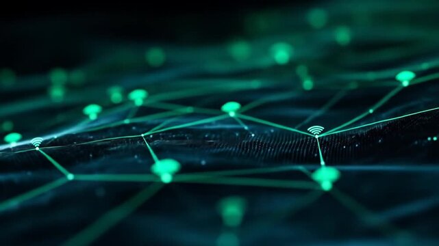 Abstract digital network background with glowing green nodes and interconnected lines representing technology, data, AI, and global connections