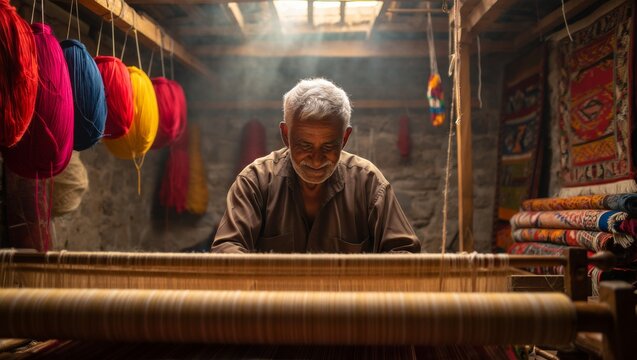 Elderly artisan weaving on a traditional loom in a workshop with colorful yarn and soft light