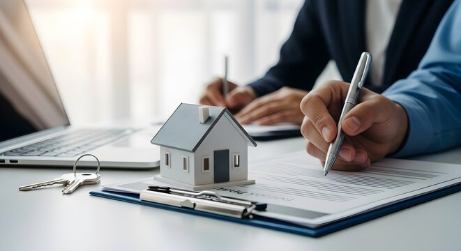 Individuals finalizing a real estate transaction by signing crucial legal documents, symbolizing a home purchase agreement or property ownership transfer