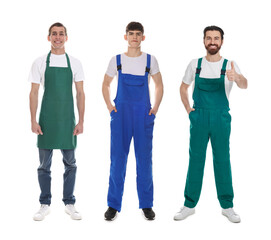 Obraz premium Cleaning service workers in uniforms. Portraits on white background