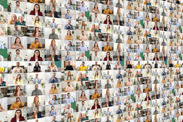 Fototapeta premium Group video chat. Many people during online meeting, web camera view
