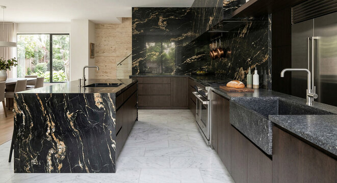 Modern kitchen with black marble countertops and island. Dark stone backsplash and sleek appliances. Large windows frame bright, open space. Kitchen island features built-in sink and faucet