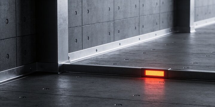 Industrial risk containment threshold background with red alert marker dark graphite facility corner premium safety compliance banner with wide copy space