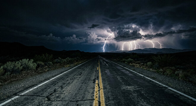 A long desert road with dramatic storm clouds and multiple bolts of lightning illuminating the night sky. A sense of isolation amidst a natural power display.