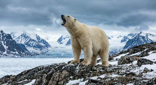 A fierce polar bear stands atop a snow-covered mountain, roaring into the icy wind. Its majestic white fur contrasts with the rocky terrain and distant peaks.