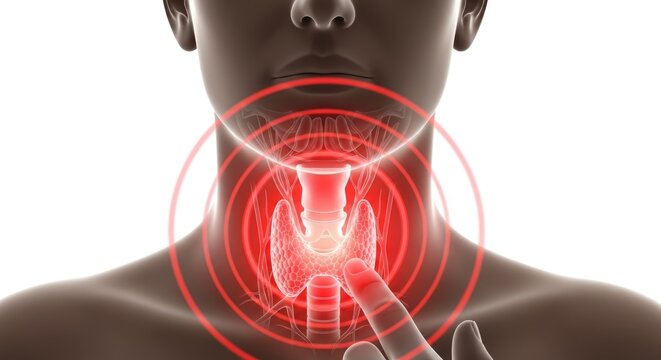 Human neck anatomy, visualization of thyroid gland, highlighted in red, indicating inflammation, pain, endocrine system disease, crucial for diagnosis, health awareness, and comprehensive treatment