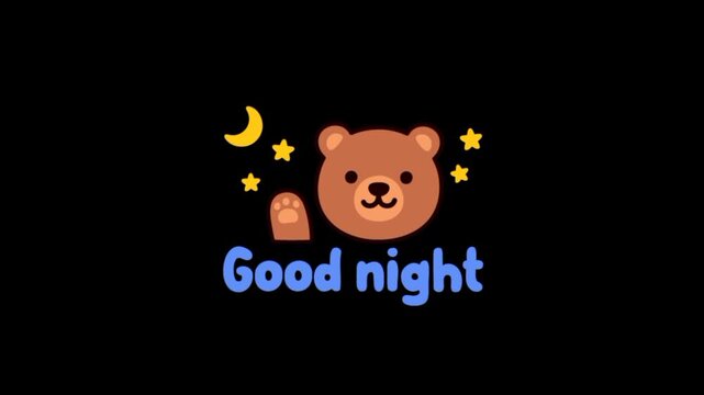 Good night text with cartoon bear 3d animation 