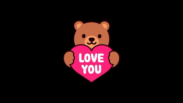 Teddy bear emoji with heart and love you text 3d animation