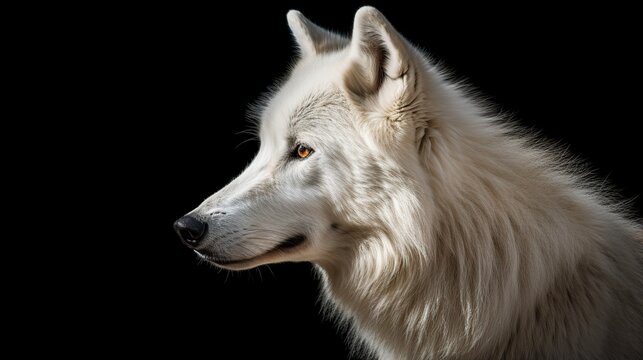 Close-up Portrait of a Majestic White Wolf Against a Black Background in Side Profile