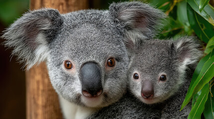 Obraz premium Adorable Koala Mother and Baby Portrait in Natural Habitat.
