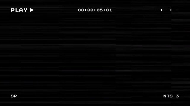 VHS Glitch Overlay with Play Text and Running Timer on Black Background for Retro Film Defect Effect and Analog Video Distortion Style with Static Noise