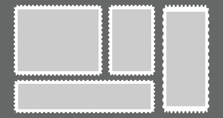 Obraz premium Blank Stamp Assortment: A set of varied, blank postage stamps in different rectangular shapes, each featuring a classic perforated edge, ready for your creative touch. 