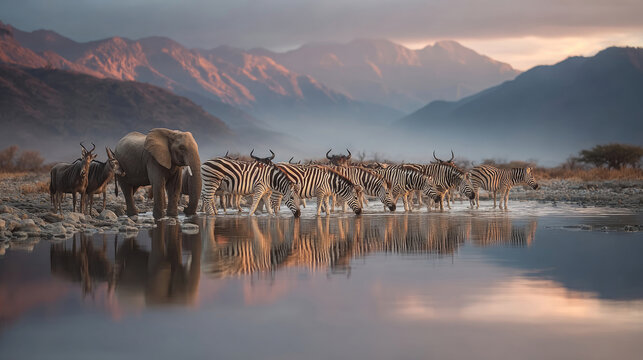 African wildlife gathering at a watering hole with mountains in background.
