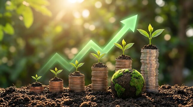 Green growth concept with plants growing on coins and a rising arrow graph