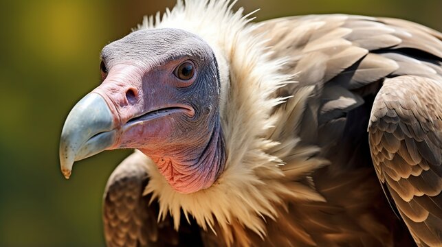 Close-Up Portrait of a Pale-Faced Vulture with Hooked Beak and Brown Feathers