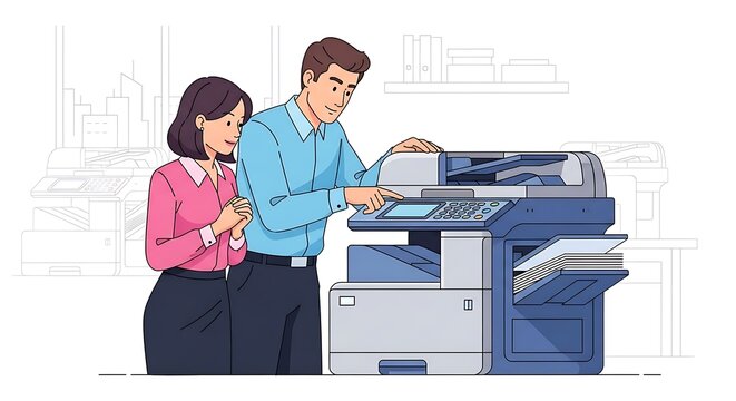 Business colleagues using a large multifunction printer in a modern office