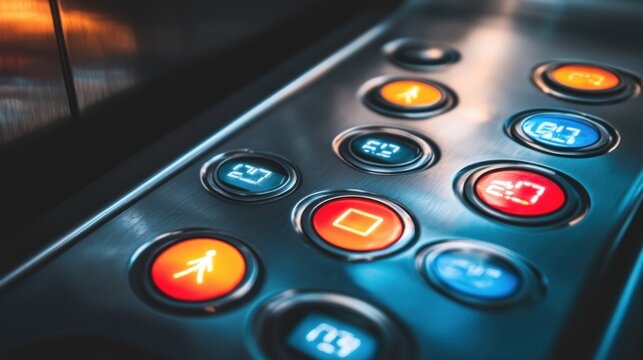 Close-up of elevator control panel with various buttons, reflecting light