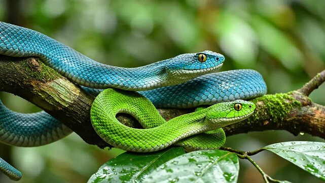 Blue and green pit vipers coiled on mossy jungle branch