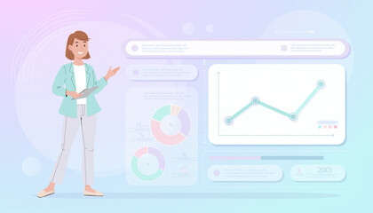 Fototapeta premium A professional woman holding a tablet and gesturing towards a set of digital infographic charts, including line graphs and pie charts, showing success and data analysis.