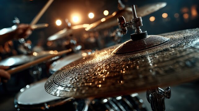 Close-up of cymbals being struck, with blurred stage lights behind