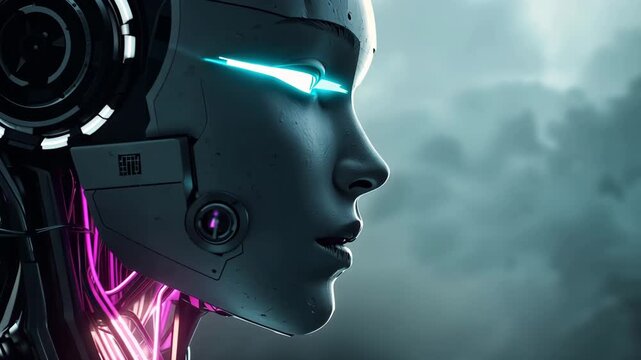 ネオンと影で描くロボット横顔、サイバーノワール調の世界地図背景ビジュアル