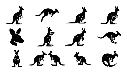 Kangaroo Silhouettes Set, Australian Wildlife Icons with Jumping and Pouch Kangaroo © Mediasegment