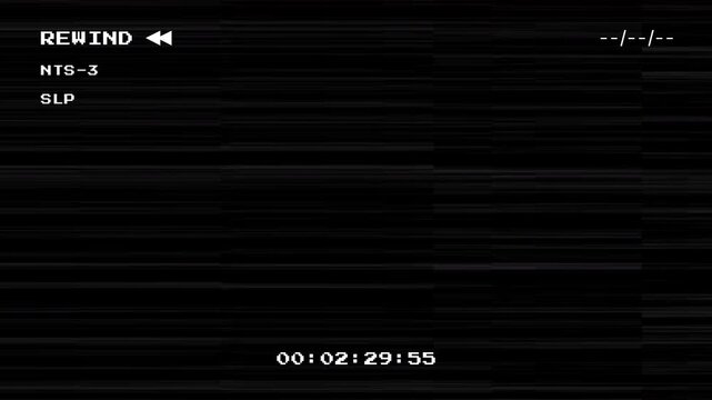 Vintage VHS Rewind Interface with Glitch Defects and Timecode Display on Black Background featuring retro analog tape aesthetic with static noise and horizontal distortion