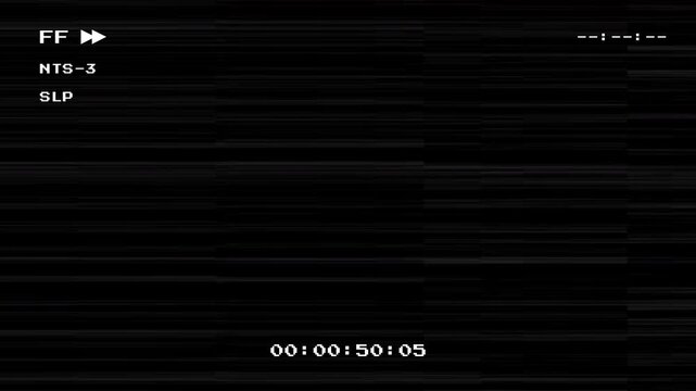 Retro VHS glitch effect with tracking lines and digital timecode on a black background featuring analog film defect noise and vintage video distortion for overlay