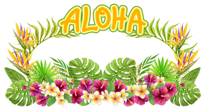 Aloha Hawaii greeting. Tropical greenery arrangement. Hand drawn watercolor painting with Hibiscus flowers and palm leaves isolated on white background.