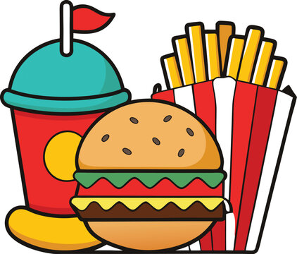 Colorful cartoon fast food combo burger fries and drink