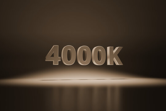 Neutral 4000K Kelvin Scale 3D Illustration: Floating Natural-White Metallic Typography with Realistic Shadows on a Minimalist Stage Reflecting Cool Daylight.