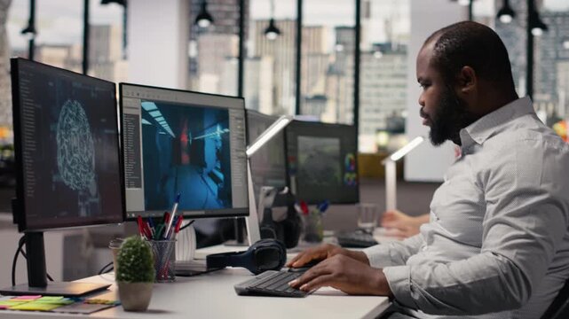 Game developing, AI neural networks, creating spatial video game, using virtual assets and commands for a futuristic gaming experience. programming tools and software for spaceship models.