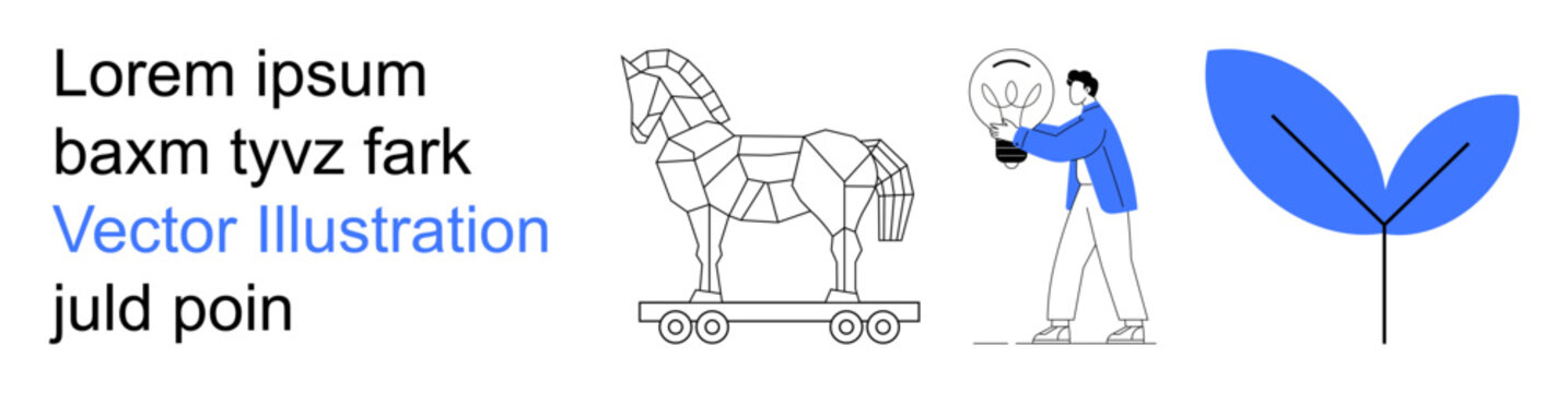 Cybersecurity, innovation, ecology, decision-making, tech advancements, problem-solving. Trojan horse, person holding light bulb abstract leaf. Innovation and cybersecurity concepts