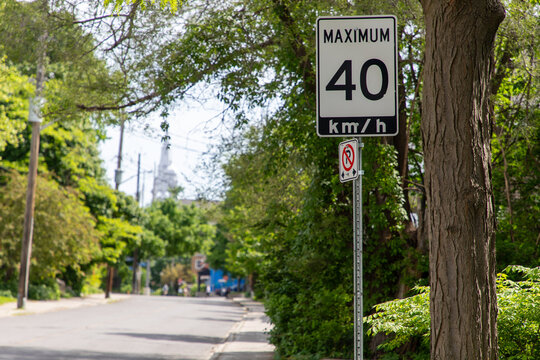 Canadian speed limit sign on city street. Maximum 40 km h road sign in Ottawa, Ontario, Canada