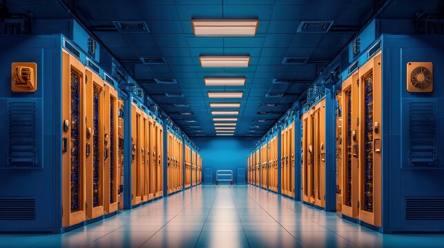 Aisle of servers with glass doors