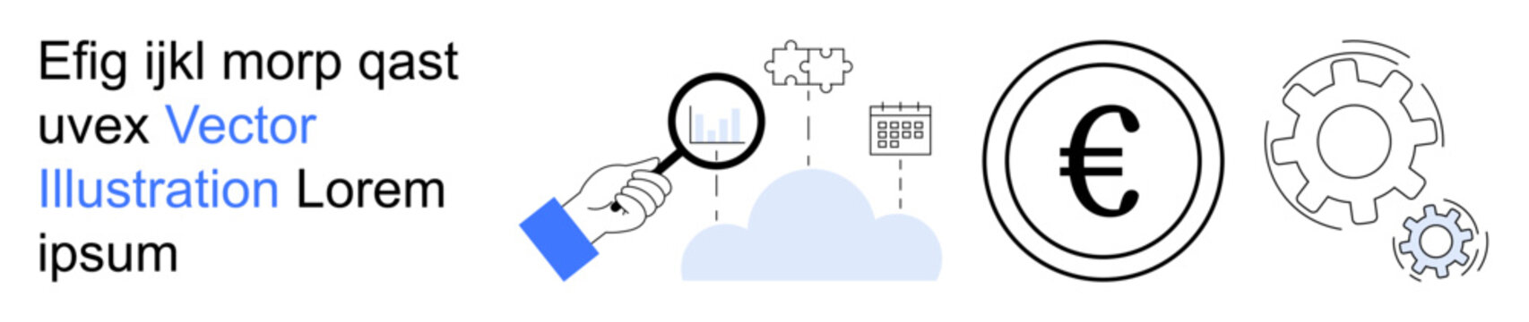 Business strategy, financial analysis, cloud technology, project management, currency , automation. A magnifying glass on a cloud, euro symbol calendar and gears. Business strategy and financial