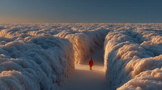 Man walks cloud maze at golden hour