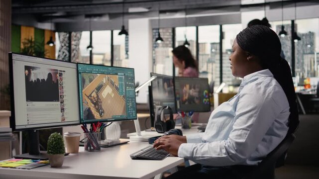 Black designer using architectural software and virtual assets for floor plan and 3D render on computer. Interior developer designing new apartment layout in remodeling program.