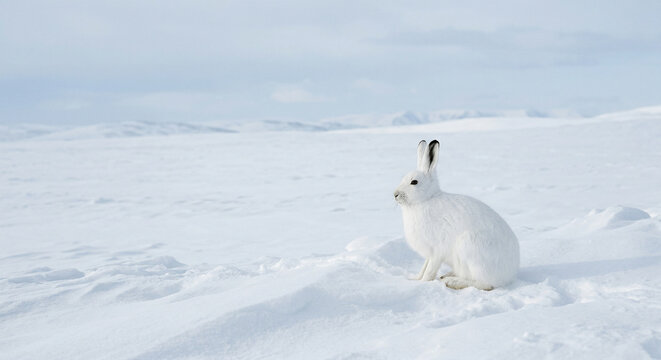 Cute white hare sitting on snow-covered ground during winter season